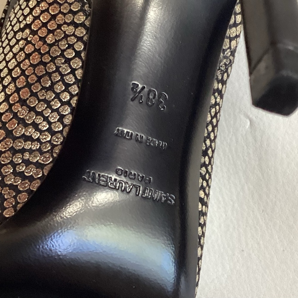 Saint Laurent Snake Embossed Black and Gold Ankle Spike Heel Boots SZ 8.5/38.5 - Picture 9 of 10